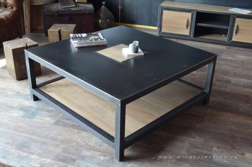Mesa de centro combinada hierro negro y madera rústica